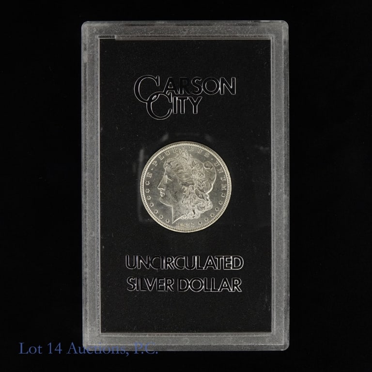 1883-CC USA Silver Morgan Dollar (GSA): 1883-CC United States silver Morgan dollar (Carson City Mint) in GSA holder, but does not include the original box or COA. Designer is George T. Morgan. Metal is 90%-silver. Mintage is 1,204,000 with 