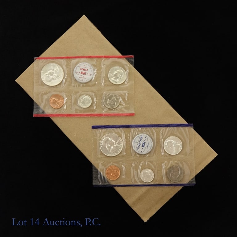 1959 P,D U.S. Mint Silver Unc. 10-Coin Set: 1959 P, D United States Mint silver uncirculated 10-coin set (Philadelphia Mint) in its original blister packs. Per consigner, in CH to GEM BU condition. Half dollar, quarter and dime metal is 90% sil