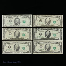 1973 - 1995 USA $5 & $10 Federal Reserve Notes (6)