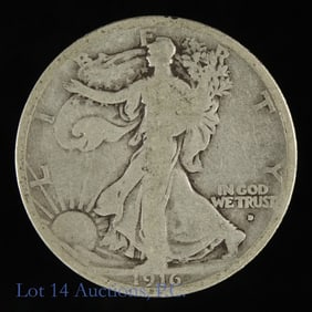 1916-D USA 90%-Silver Walking Liberty 50c (VG)
