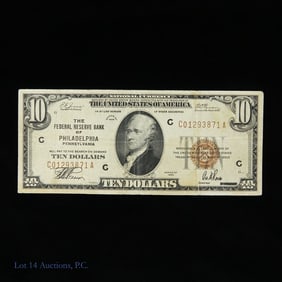 1929 USA $10 Fed Resv Bank Note Brown Seal - CAU