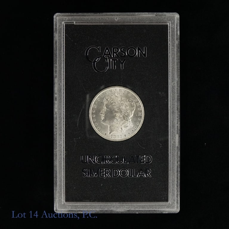 1883-CC USA Silver Morgan Dollar (GSA): 1883-CC United States silver Morgan dollar (Carson City Mint) in GSA holder, but does not include the original box or COA. Designer is George T. Morgan. Metal is 90%-silver. Mintage is 1,204,000 with 