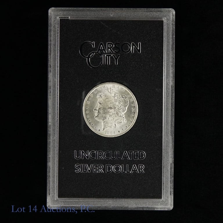 1884-CC USA Silver Morgan Dollar (GSA): 1884-CC United States silver Morgan dollar (Carson City Mint) in GSA holder, but does not include the original box or COA. Designer is George T. Morgan. Metal is 90%-silver. Mintage is 1,136,000 with 