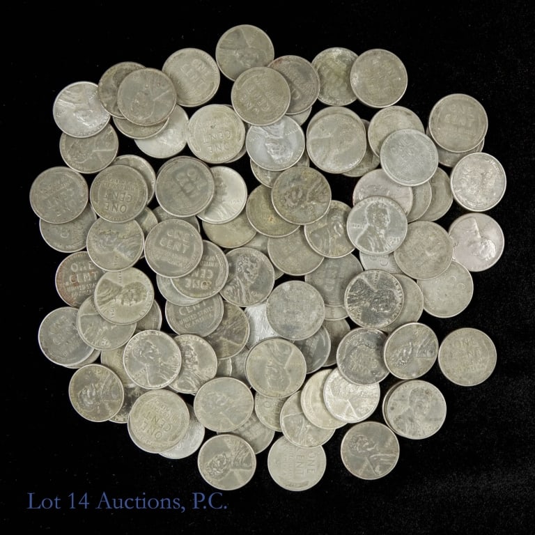 1943 USA Lincoln Steel Wheat Cents (100): One hundred (100) 1943 United States steel Lincoln wheat cents. Designer Victor D, Brenner. Variety due to copper shortage during critical WW2 war year. Per consigner, all hand picked for quality all