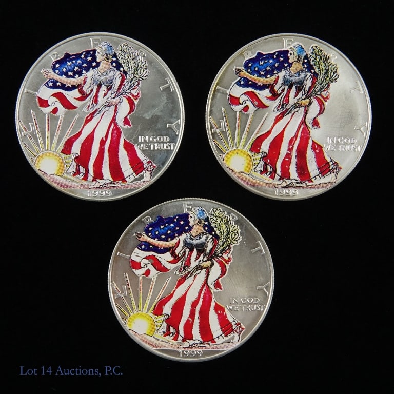 American 99.9% Silver Eagles $1 Bullion Coins -3: Three (3) 1999 (W) privately colorized American silver eagle dollar bullion coins (West Point Mint). Metal is .999 fine silver and weighs 31.10 grams (one troy ounce) each coin. Silver content confirm