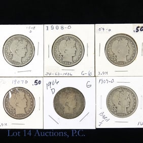1906 - 1908 USA 90%-Silver Barber Half Dollars (6)
