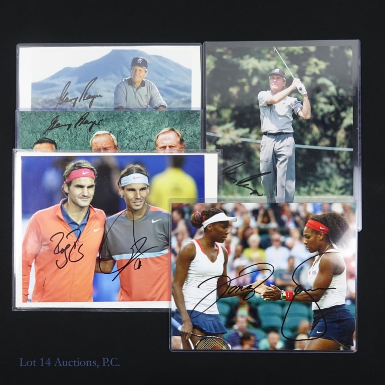 5 Signed 8x10's Tennis And Golf Stars: Three signed photos of PGA Star Gary Player, plus one photo signed by both Roger Federer and Rafael Nadal and one photo signed by both Serena Williams and Venus Williams. All signatures are being sold