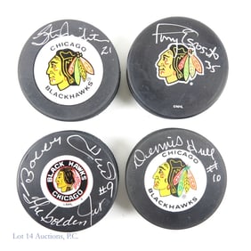 Signed Pucks B. Hull, D. Hull, Mikita, T. Esposito