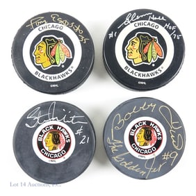 4 Signed Pucks B. Hull, Mikita, Hall, Esposito