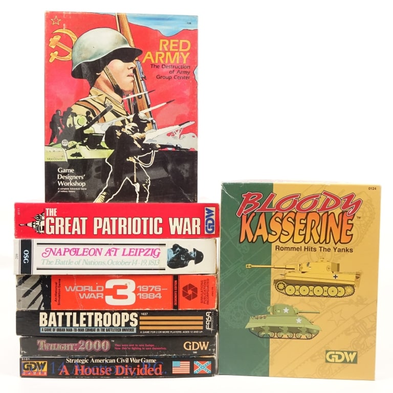 War Games, SPI, Fasa, GDW (8): War Games, SPI, Fasa, GDW (8). Collection of (8) eight war games. Items included: Red Army, The Destruction of Army Group Center; Battletroops; World War 3; Napoleon at Leipzig; Bloody Kasserine; The