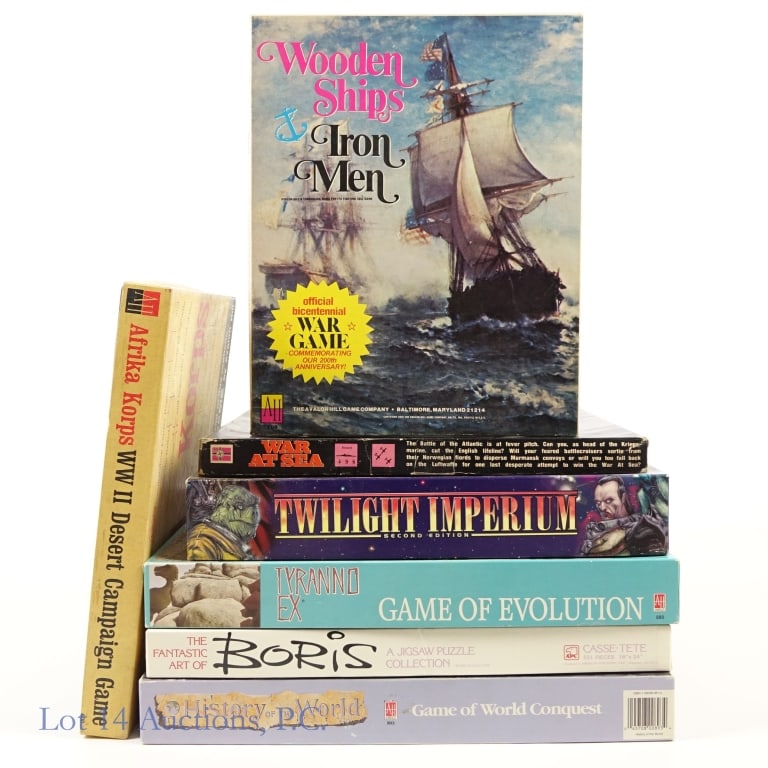 War Games by Avalon Hill and More (6): War Games by Avalon Hill and More (6). A collection of war games, many by Avalon Hill as well as a jigsaw puzzle. Afrika Korps. Twilight Imperium, second edition. History of the World. War at Sea. Woo