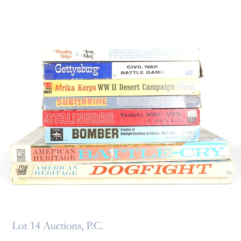 War Games, Board Games, AH, MB (8): War Games, Board Games, AH, MB (8). Collection of war games and board games from Avalon Hill, Milton Bradley and Yaquinto. American Heritage: Dogfight. American Heritage: Battle-Cry. Avalon Hill: Stal