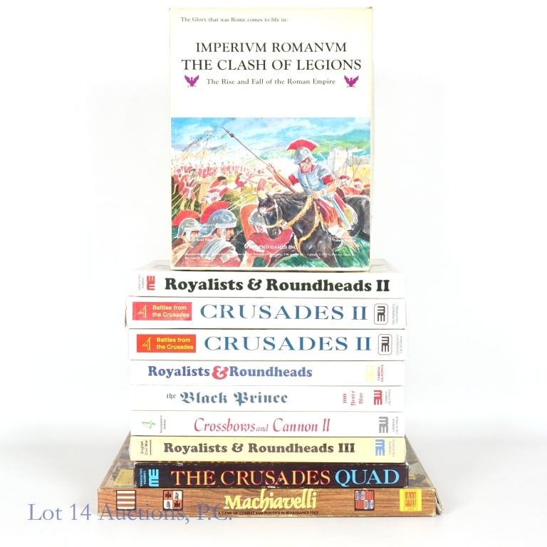War Games, Royalists & Roundheads & More (10): War Games, Royalists & Roundheads & More (10). Collection of war games from days of yore. Royalists & Roundheads #1, 2 & 3 (#3 is sealed). Machiavelli. The Crusades, Crusades II (2 copies). The Black 