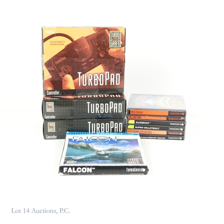 TurboPads (3) & TurboGrafx Games (7): 3 TurboPads & 7 TurboGrafx Games. All TurboPads come in original box. Games include: Boxing Champions Foreber, Keith Courage: In Alpha Zones, Super Volleyball, Gunboat, Victory Run, Motor Roader, and