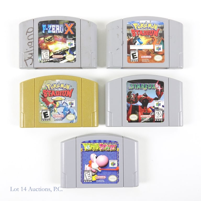 Nintendo 64 Video Games, Pokemon (5) (1995): Collection of loose Nintendo 64 (N64) video game cartridges from 1995: Yoshi's Story, Starfox 64, F-Zero X, Pokemon Stadium, and Pokemon Stadium 2. All games should be compatible with Nintendo 64 syst