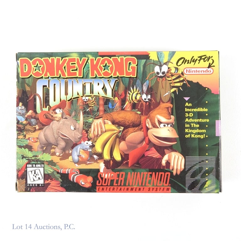 Super NES Donkey Kong Country Video Game CIB: Donkey Kong Country video game for Super Nintendo Entertainment System. Complete in box, with manual.