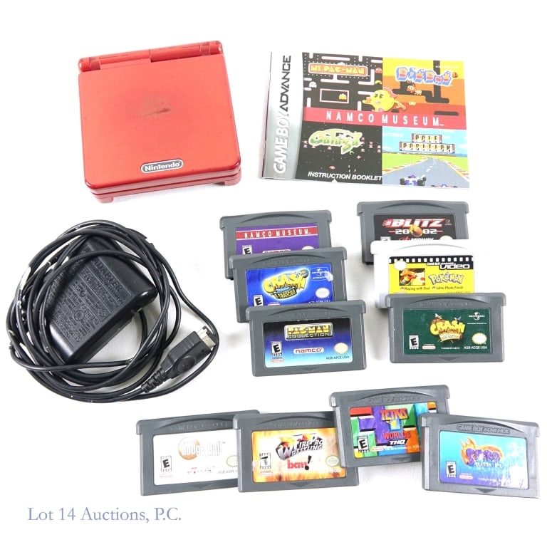 Red Nintendo GameBoy Advance SP, 10 Games, Etc.: 2002 Red Nintendo GameBoy Advance SP (tested and working, per consignor), 10 Nintendo video game cartridges that go with this model, an AC Adaptor charging cable, and a GameBoy Advance instruction boo