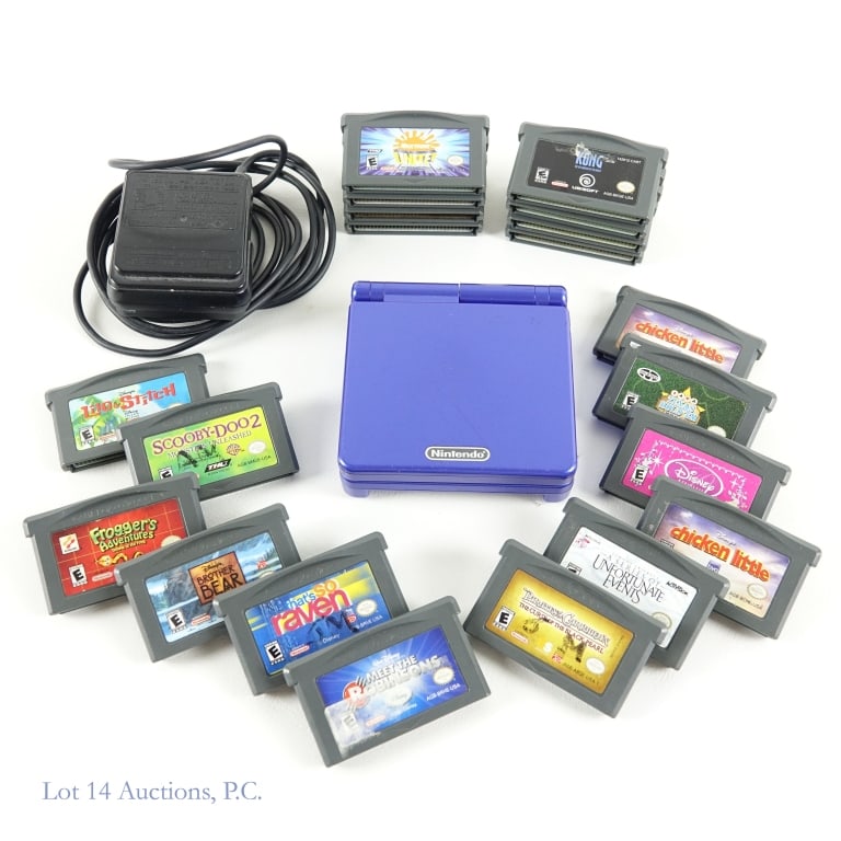 Nintendo Game Boy Advance SP & Video Games (20): Nintendo Game Boy Advance SP Console & 20 video games. Cobalt blue. Model No. AGS-001. SN: XU132010717. Includes charger. Needs new battery. Games include: The Incredibles, Chicken Little (x3), Kong: 