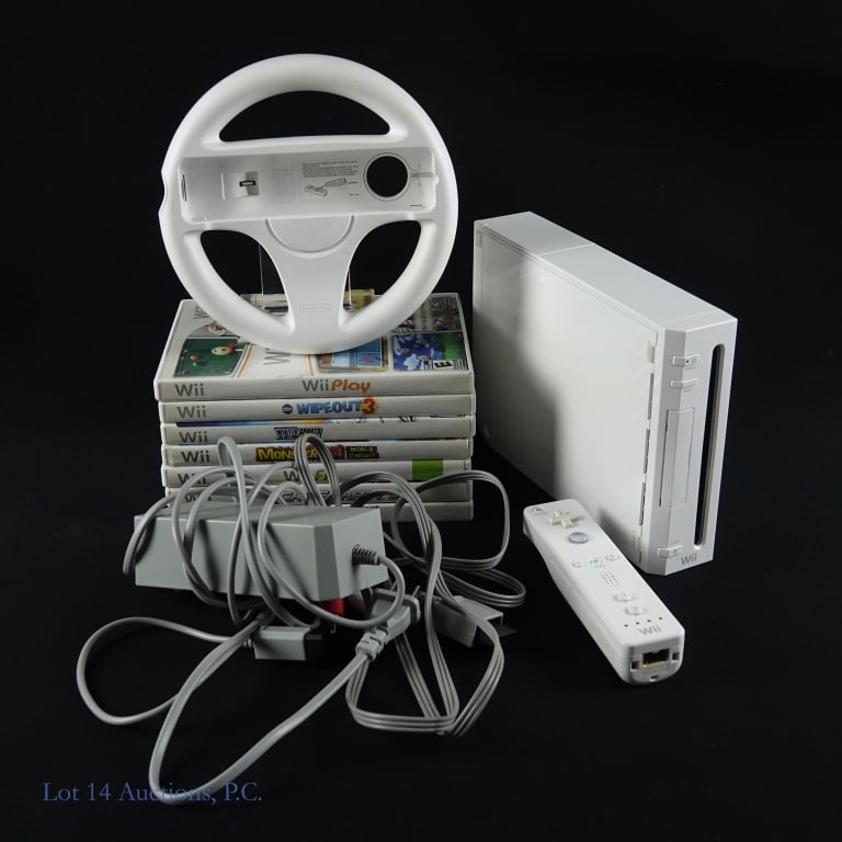 Wii Console & Video Games (7): Wii Console & 6 video games. Tested and Working. Model No. RVL-001. SN: LU310897246. Includes AC adapter, AV cables, 1 remote controller and steering wheel. Games include: Wipeout 3, Wii Play, Ultimat