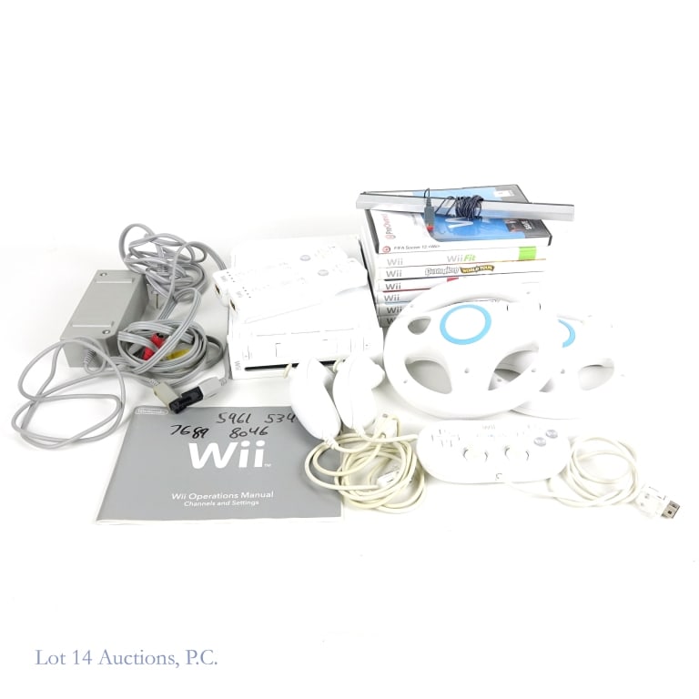 Wii Console & Video Games (7): Wii Console & 7 video games. Tested and Working. Model No. RVL-001. SN: LU304358500. Includes: AC adapter, AV cables, sensor bar, 1 classic controller, 2 remote controllers, 2 nunchuck controllers, 2 