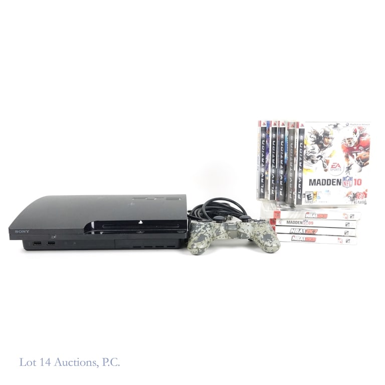 PlayStation 3 Console & Video Games (9): PlayStation 3 console & 9 video games. 160 GB. SN: C6836932414-CECH-2501A. Includes power cable and 1 controller. Tested and working. Games include: Madden NFL 07, Madden NFL 08, Madden NFL 09, Madden