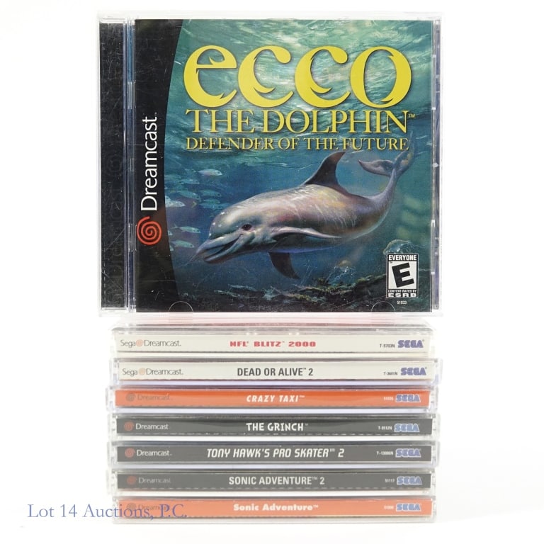 Sega Dreamcast Video Games (8) (1998-2000): Set of 8 Sega Dreamcast video games: 1999 Sonic Adventure, 2000 Sonic Adventure 2, 1999 Tony Hawk's Pro Skater 2, 2000 The Grinch, 1999 Crazy Taxi, 2000 Dead or Alive 2, 1998 Ecco The Dolphin Defender