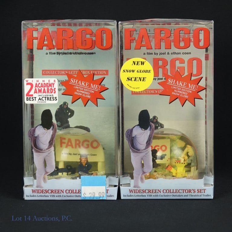 Fargo VHS & Snow Globe Collector's Set, Sealed (2): 2 Fargo Collector's Set. This set consists of a VHS tape of Joel Coen and Ethan Coen's "Fargo" (1996), along with a matching snow globe that displays key scenes of the film.