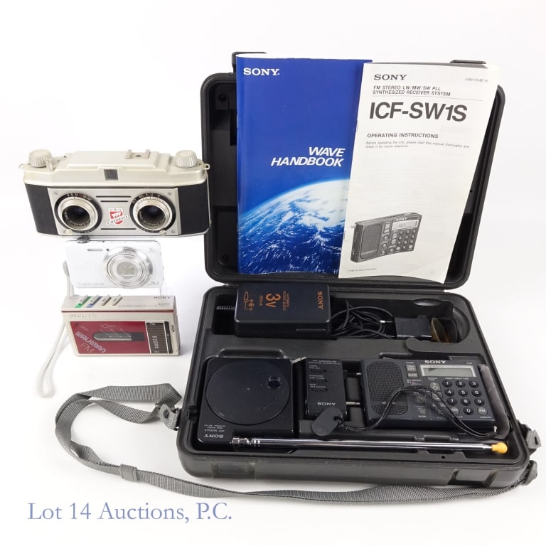 Sony (Walkman, Camera, Radio), Stereo Camera: Everything in lot is untested and shows little to no signs of wear. Lot includes: Sony Walkman WM-F10 stereo cassette player. Approx. 4.5" across by 3" tall. ***** Sony Cyber-shot DSC-WX80 digital cam