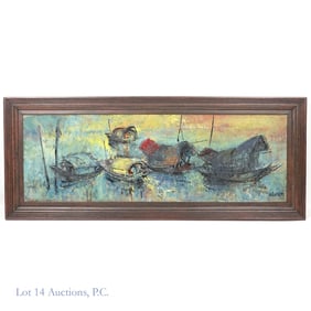 Oil Painting of Boats, Signed Nguyen