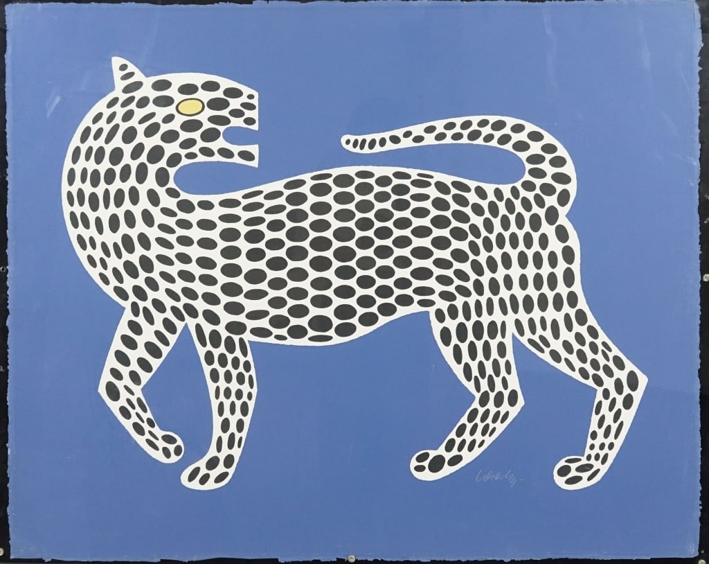 Victor Vasarley's "Leopard" Signed: Cast paper print of a white leopard with black spots on a royal blue background by op-artist Victor Vasarely (1906-1997 Hungary-France). Signed in pencil in lower right. Piece is in heavy plexi / acry
