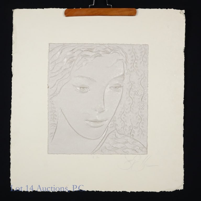 Frank Gallo Cast Paper Relief Art: LOCAL PICKUP OR THIRD PARTY SHIPPING ONLY. A detailed image of a woman's face in cast paper relief by Frank Gallo (1933-2019), done in a silvery gray color. The piece shows some signs of age, but it i