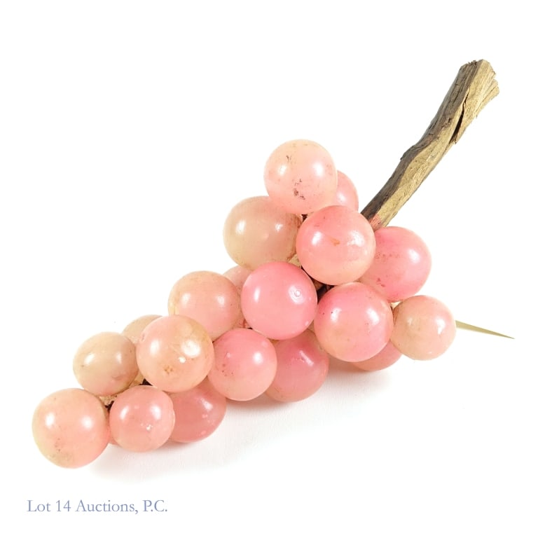 Vintage Italian Alabaster Grapes: Pink Alabaster carved to resemble a bunch of grapes with a rough wooden handle attached. Needs cleaning but overall good condition. About 16'' long. Each "grape" is about 2'', give or take.