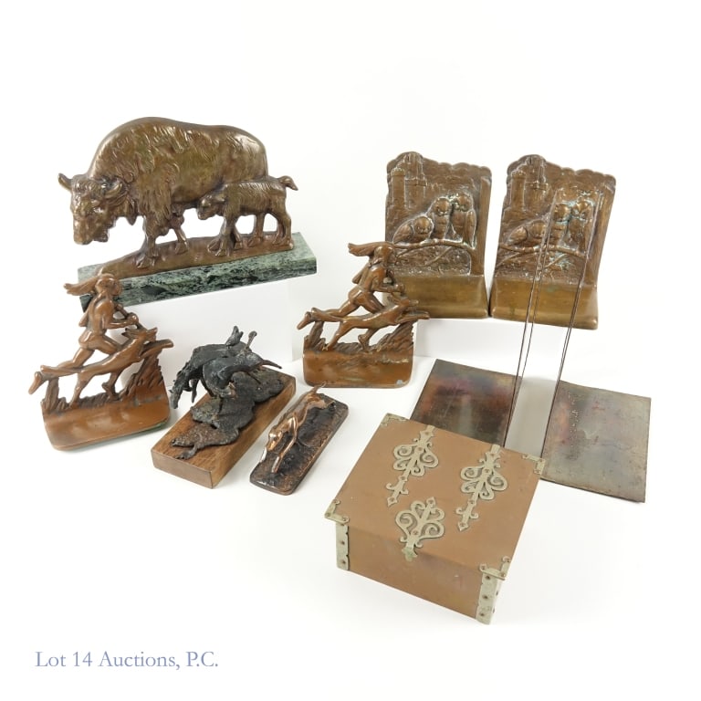 Brass / Bronze Bookends, Sculptures, Etc (6): 3 pairs of brass/bronze bookends, 3 sculptures, and 1 jewelry box. Quality varies - all pieces have some level of tarnish, scratches, and discoloration. Bookends include: 3 owls sitting on a tree. The