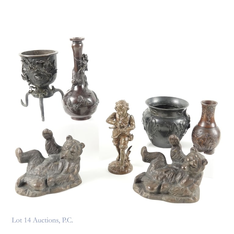 Bronze Vases / Bookends / Sculpture (4+1+1): 4 bronze vases, 1 bookend, and 1 sculpture. The vase sizes are 4.5", 4", 5.75", and 7.5" tall. One pair of bear bookends that measure about 6" tall. The sculpture is 6.5" tall. Quality varies, but the