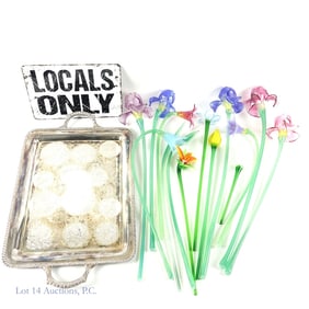 Glass Flowers, Leaves, and Silver Tray