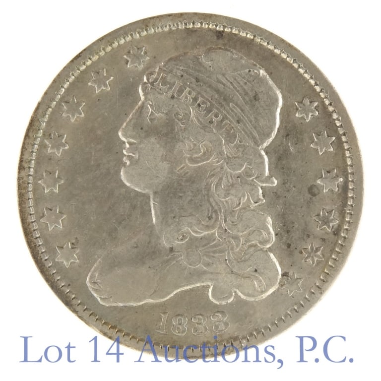 1833 USA Silver Capped Bust Quarter (EF+): 1833 United States silver capped bust quarter (Philadelphia Mint). Designer John Reich. Per consigner, in EF+ condition. Metal is 89.24%-silver, weighs 6.74 grams, and diameter 24.3 mm. Mintage 156,00