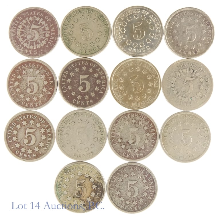 1866 - 1883 USA Shield Nickels (14): Fourteen (14) United States shield nickels (Philadelphia Mint). Designer James B. Longacre. Dates, mintages and select PCGS survival estimates (SE) as follows: ---1866 with rays (14,742,500); ---1867 