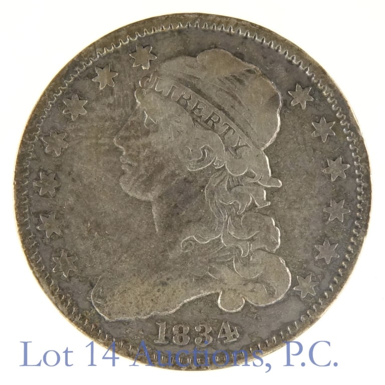 1834 USA Silver Capped Bust Quarter (VF+): 1834 United States silver capped bust quarter (Philadelphia Mint). Designer John Reich. Per consigner, in VF+ condition. Metal is 89.24%-silver, weighs 6.74 grams, and diameter 24.3 mm. Mintage 286,00