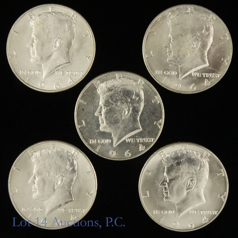 1964-D USA 90%-Silver Kennedy Half Dollar - BU (5): Five (5) 1964-D United States silver Kennedy half dollars (Denver Mint). Designer Gilroy Roberts and Frank Gasparro. Per consigner, in BU condition. Metal is 90% silver and ASW is 0.36169 ozt. each co