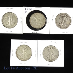 1936 - 1943 USA 90%-Silver Walking Liberty 50c (5)