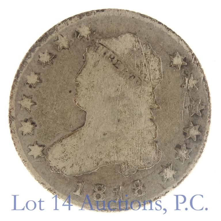 1818 USA Silver Capped Bust Quarter (G): 1818 United States silver capped bust quarter (Philadelphia Mint). Designer John Reich. Per consigner, in G condition with obverse die crack around top. Metal is 89.24%-silver, weighs 6.74 grams, and 