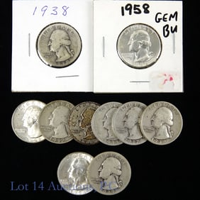 1932 - 1958 USA Silver Washington Quarters (10)