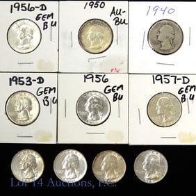1940 - 1957 USA Silver Washington Quarters (10)