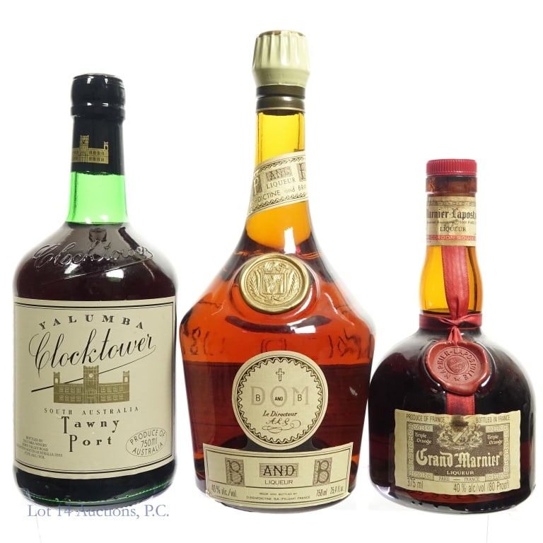 Dom B&B, Grand Marnier, Tawny Port Wine: Dom B & B liqueur. 40% ABV (80 proof). 750 ml (25.4 fl oz). ***** Grand Marnier triple orange liqueur. 40% ABV (80 proof). 375 ml. Seal appears to be missing. Fill is above base of neck. ***** Yalumba