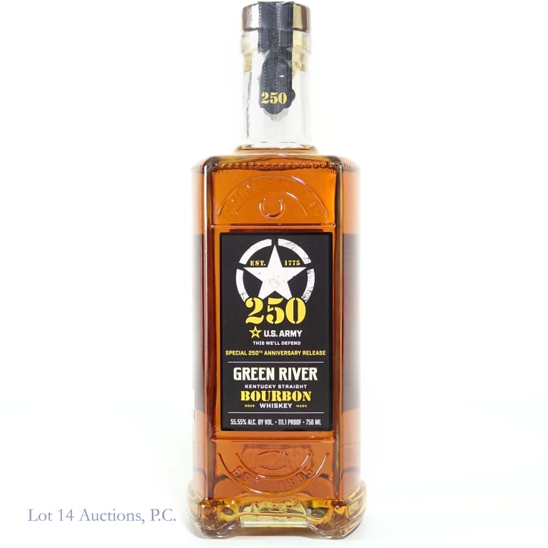 Green River U. S. Army 250th Anniversary Bourbon: Green River U. S. Army 250th Anniversary release Kentucky Straight Bourbon Whiskey. "This We'll Defend". 111.1 Proof, 750 ml.