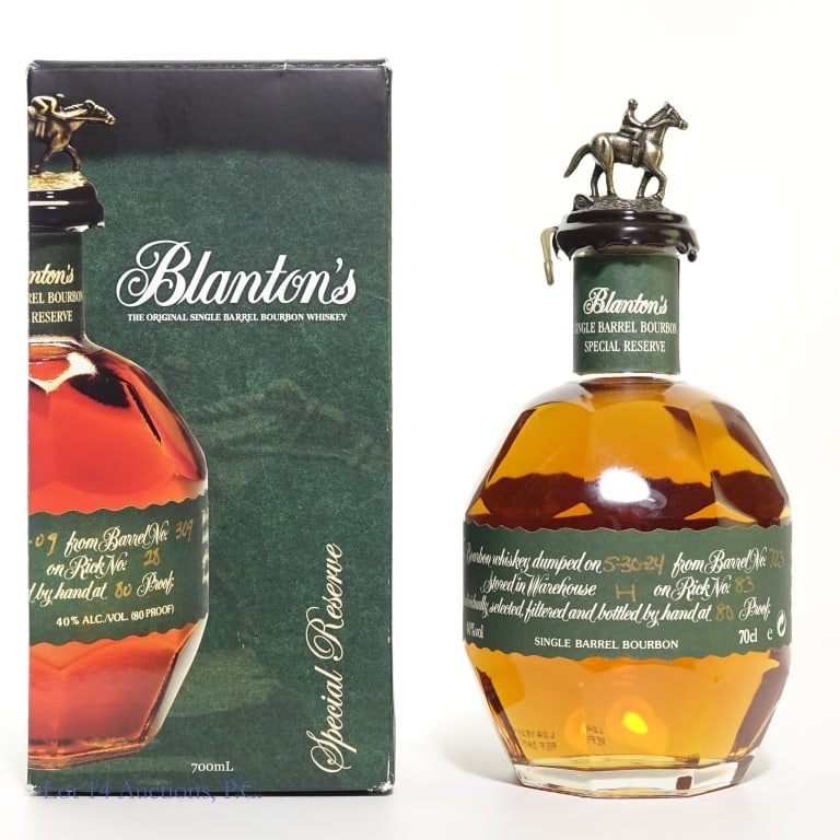 Blanton's Green Label Single Barrel Bourbon "B": Blanton's Green Label Single Barrel Special Reserve Bourbon, 80 Proof, 700 ml, Letter: B, Dump Date: 5-30-24, Barrel #723, Bottle #270, Box included.