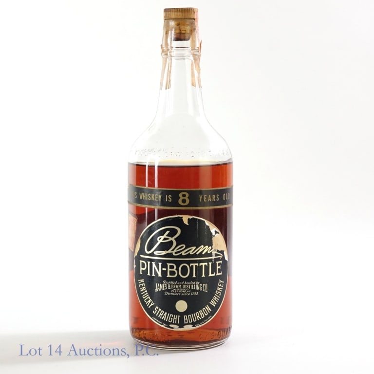 Beam's Bourbon - Pin Bottle (1940s/50s): Beam's Kentucky straight bourbon whiskey. 8 years. 86.8 proof. 4/5 quart. "Pin-Bottle". Series 111 tax strip (1944 - 1960). Just below shoulder fill (see photos). Front label has some damage.