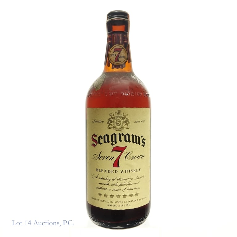 Pre 1960 Seagram's 7 Fifth: Seagram's 7 Seven Crown 4/5 quart, 86.8 proof. Series 111 tax strip. High shoulder / low neck fill. Bottle embossed "FEDERAL LAW FORBIDS...".
