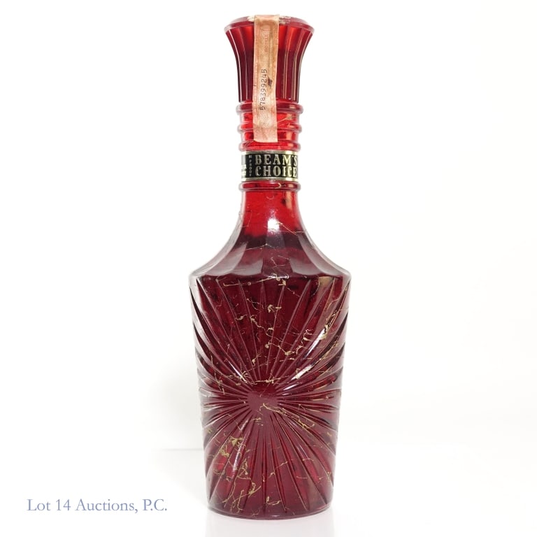 Beam's Choice Bourbon (Red Gold Veined Decanter): Beam's Choice Kentucky Straight bourbon whiskey in red glass & gold veined decanter. 8 years. 86 proof. 4/5 quart. Series 112 (Internal Revenue) tax strip. Fill level is just below the bottom of the n