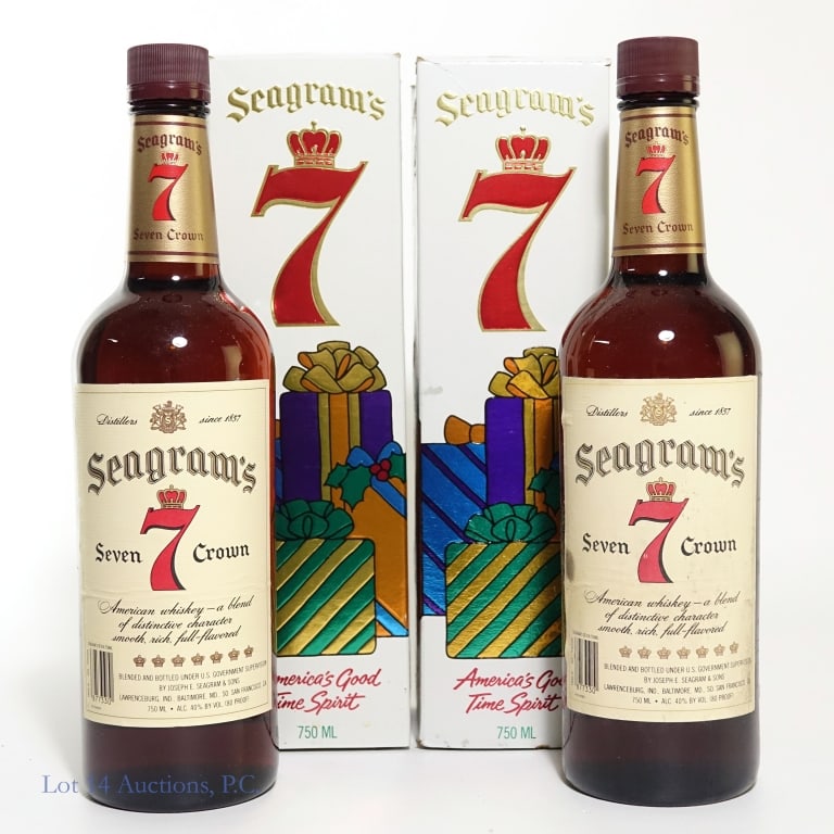 Seagram's Seven Crown Whiskey (2): Two bottles: Seagram's Seven Crown American whiskey. 80 proof. 750 ml. Come with original gift boxes.